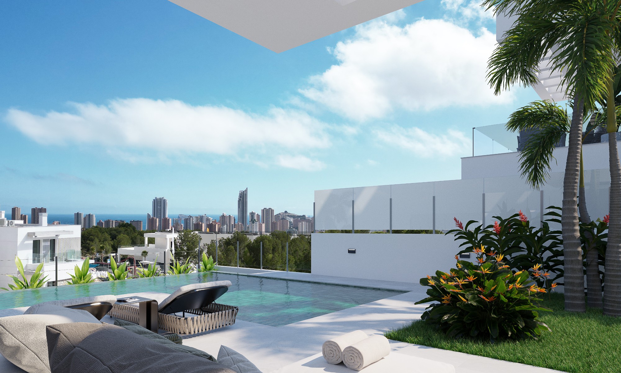 Infinity pool and pergola terrace at a villa in Finestrat