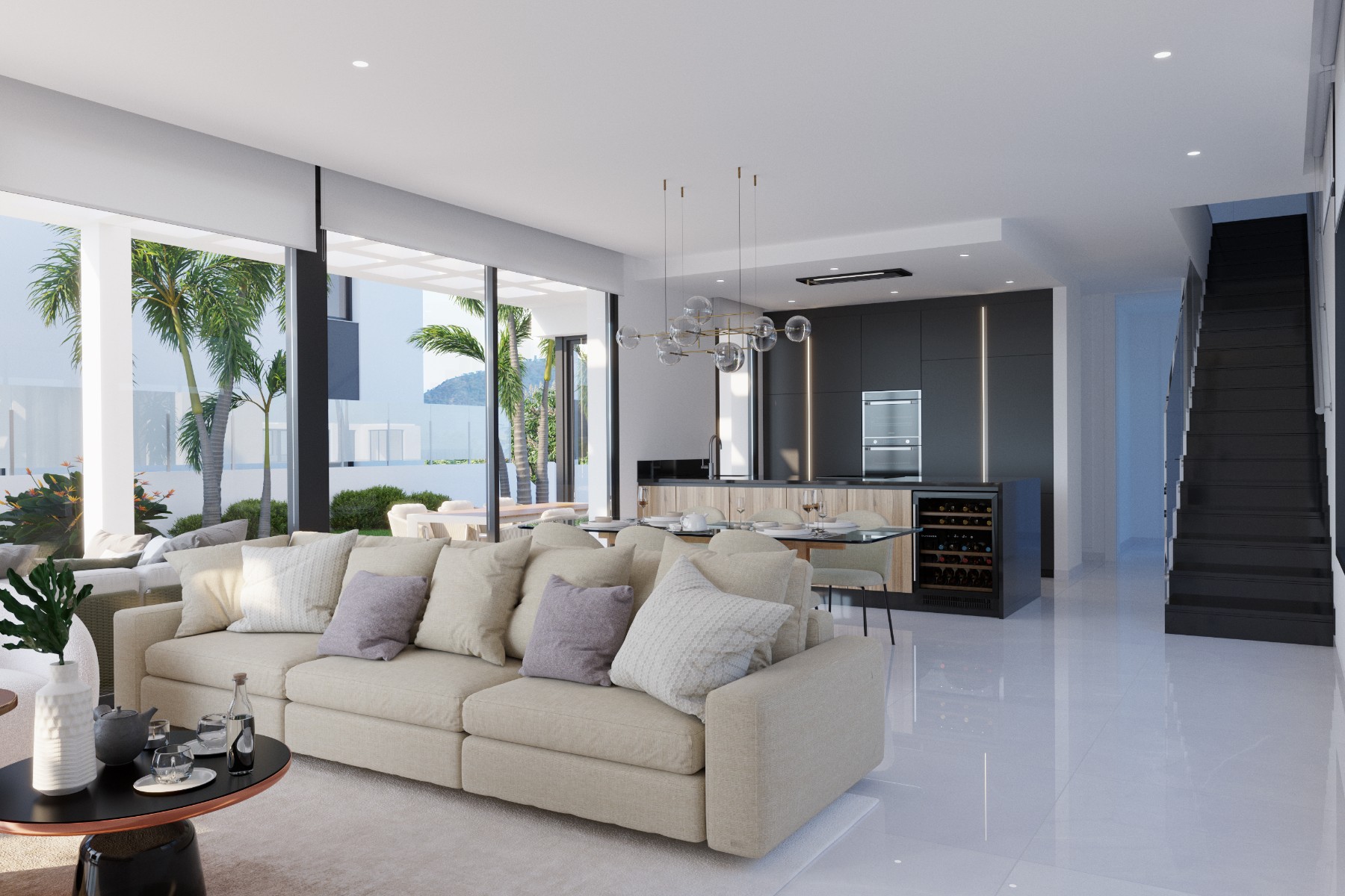Kitchen with granite peninsula and integrated appliances in a Finestrat villa